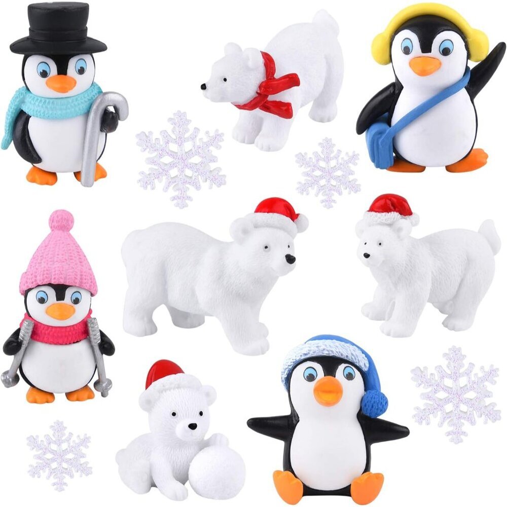 12 Pcs Cute Penguin & Polar Bear Resin Figurines - Perfect Christmas Craft Set